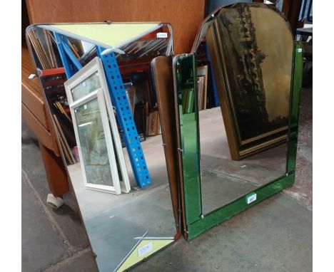 Two vintage Art Deco wall mirrors, one with green glass panels. Dimensions- green; height 56cm and width 45.5cm, other; heigh