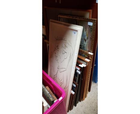 A mixed lot of pictures and prints including original works, military aircraft prints, needlework pictures and a caricature d