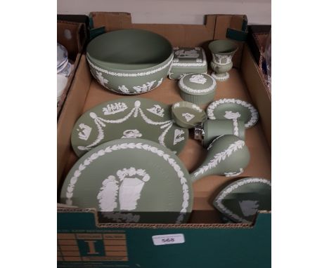 Wedgwood green jasper wares - large bowl 20cm diameter, table cigarette lighter and 10 other items