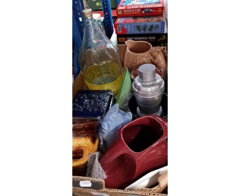 A box of mixed ceramics and glass including West German pottery, Sylvac, etc.