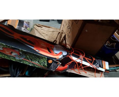Garage and garden tools to include electric hedge trimmer, pressure washer, hand saws, lantern, pick axe heads etc
