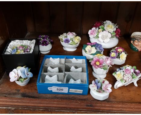 10 ceramic flower posies by Royal Doulton, Coalport etc. with a boxed set of 6 Coalport place name card holders for table set