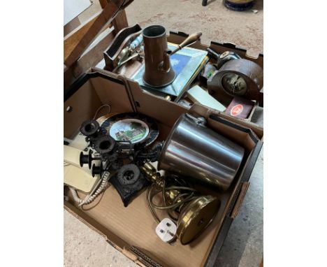 Two boxes of mixed items including metalware, brass eastern coffee pot, pictures, oak cased mantle clock, ice bucket, table l