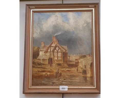 In the manner of W J J C Bond (British, 1833-1926), oil on mahogany panel, river scene with buildings, 29.5cm x 37.5cm, unsig