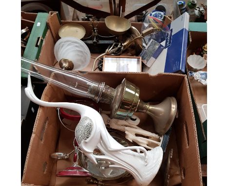 2 boxes of miscellaneous items including kitchen scales, table lamp, oil lamp, mirrors, Mr Punch boot scraper, framed butterf