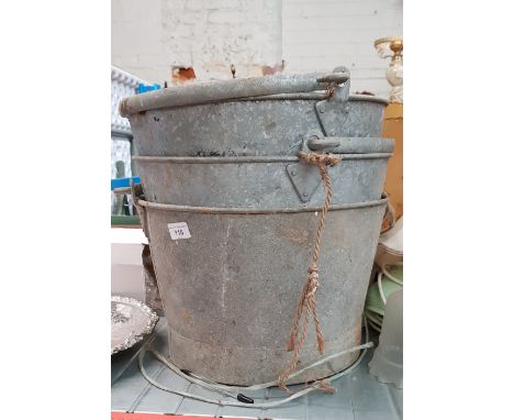 3 galvanised buckets and an earthenware planter