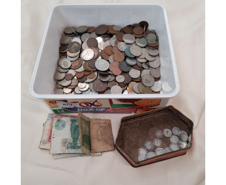 Tub of coins inc some silver threepenny bits 