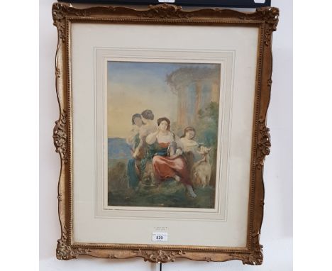 Augustus Jules Bouvier (French, 1825-1881), watercolour, woman with tambourine, 26.5cm x 34.5cm, signed 'A Bouvier, 1860' to 