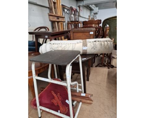 A mixed lot comprising folding step stool, leather seat stool, two oak work tables, small Chinese carpet and a copper top cof