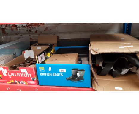 A mixed lot of tools and garage ware including spanners, garden vac/blower, black tiles, tools, etc.