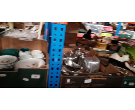 A box of Denby Greenwheat pottery and 2 boxes of stainless steel and silver plated tea wares