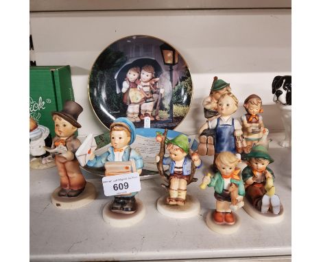 8 Hummel figurines including a 1957-60 Little Hunter, Boots 1960-72, Street Singer 1960-72 etc. together with 2 Hummel design