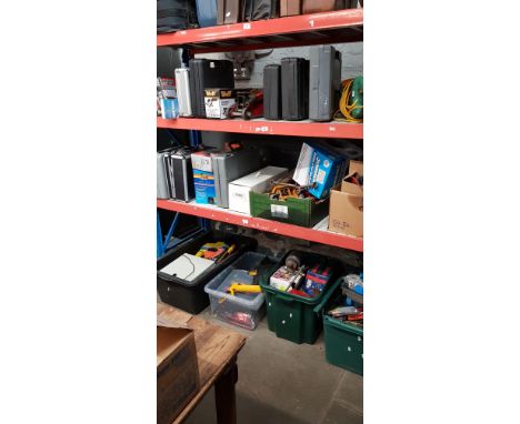 3 shelves of tools etc including 3 trolley jacks, Wolf mini circular plunge saw, electric hedge trimmers, petrol chain saw, b