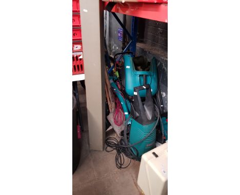 Bosch equipment including power washer, electric hedge trimmer, strimmer, electric lawn mower, together with a boxed projecto