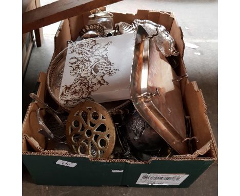 A box of silver plated ware including trays, tea wares, lidded pots, cutlery, hallmarked silver sugar tongs, a gent's travel 