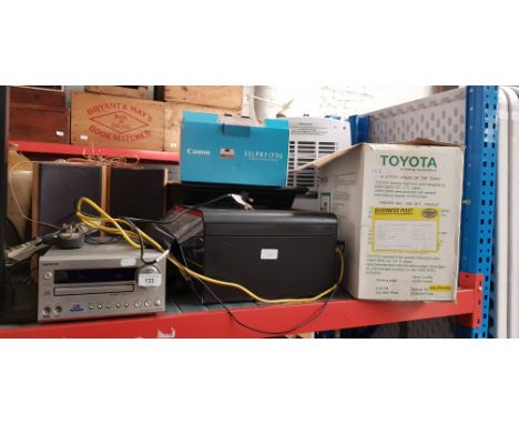 A mixed lot to include a Dimplex heater, Kodak Office Hero printer, Canon Selphy CP760, Onkyo CD player with speakers, and a 