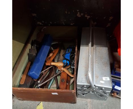 A mixed lot of tools including a box of vintage hand tools, metal tool box containing spanners etc, a Record vice, angle grin