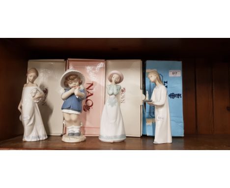 Boxed vintage Lladro figurine â€˜Girl with Candlestickâ€™ (no.868) together with 3 boxed Nao figurines â€˜Please, pleaseâ€™, 