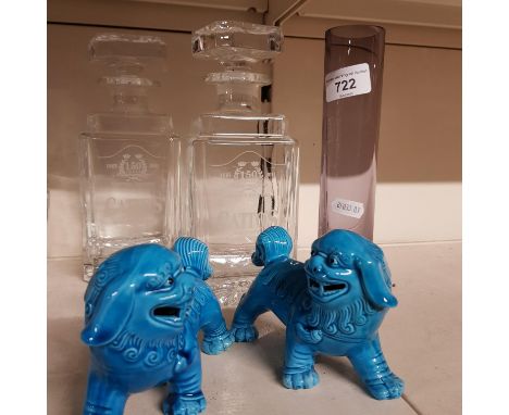Two Scotch Whisky decanters, glass vase and two small Chinese dogs of fo.&nbsp;No makers marks on Fo Dogs