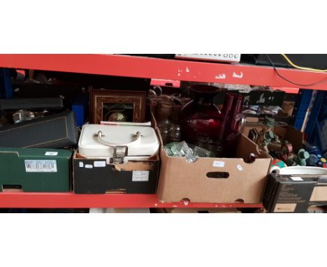 A box of silver plated wares, a box of glass, vanity case and a clock, and a box of ceramics