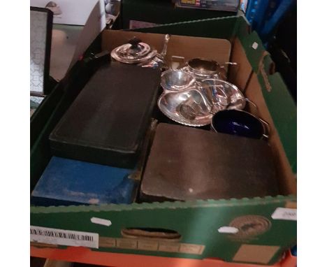 A box of silver plated ware including boxed cutlery sets and tea set. 