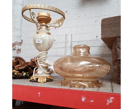 An alabaster table lamp with glass funnel, no shade