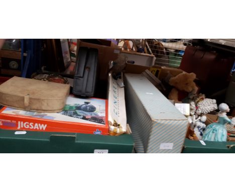 2 boxes of mixed items including jig saws, miniature silk portraits, figurines, pipes, vintage Simplex typewriter, boxed doll