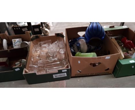 Three boxes of glass and ceramics and a box with barometer and wooden box of costume jewellery etc. 