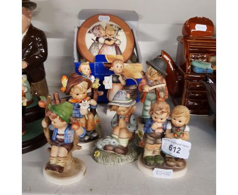 Wall mounted musical box with Hummel image made in Switzerland and 7 Hummel figurines including Apple Tree Boy c.1960, Little
