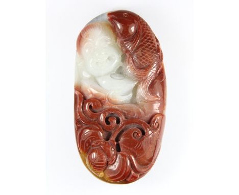 A Chinese carved pebble hardstone hanging amulet of the happy Buddha L 10.5 x 5.5cm x 2.5cm