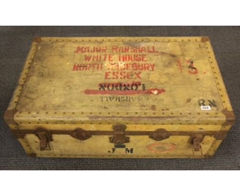 A large vintage metal bound trunk for Major Marshal, Shoeburyness. 92cm x 52cm x 36cm