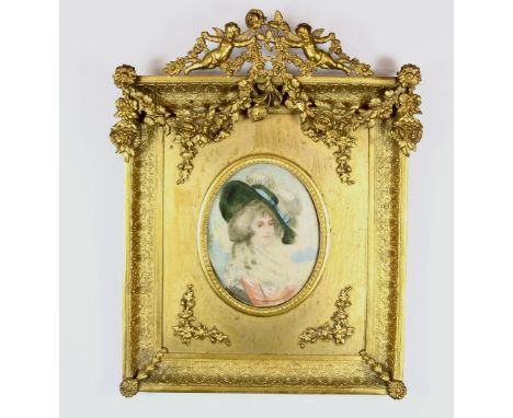 A signed gilt framed miniature portrait Gainsborough lady 16cm x 19cm