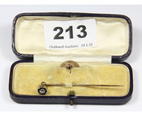 A diamond set 18ct gold stick pin with removable head to mount as a stud