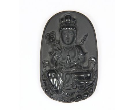 A lovely carved black obsidian amulet of the goddess Guanyin H 6.5cm