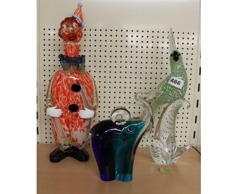 A Murano glass bird, elephant and clown decanter (41cm)