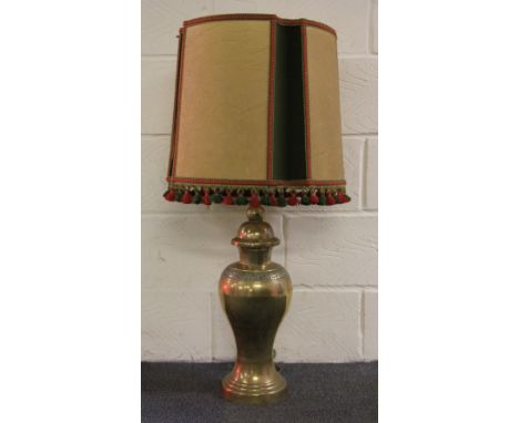 A 1920s brass oriental style table lamp and shade H 94cm