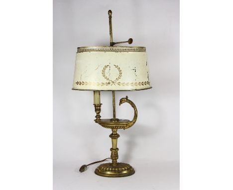 A lovely brass buillotte desk lamp with painted tin shade H 61cm