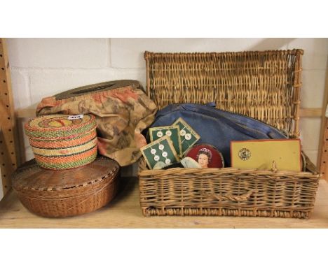 A quantity of vintage buttons and a basket of cottons etc