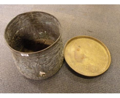 An Eastern hammered copper planter and a brass tray H 34cm