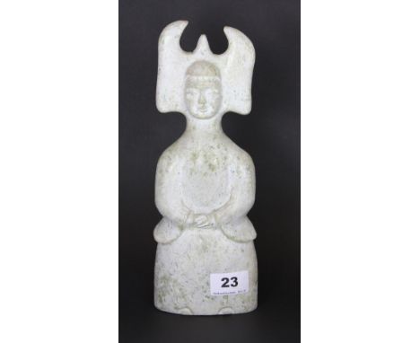 An unusual Chinese archaic form carved jade/hardstone figure of a woman H 27cm (slightly A/F)