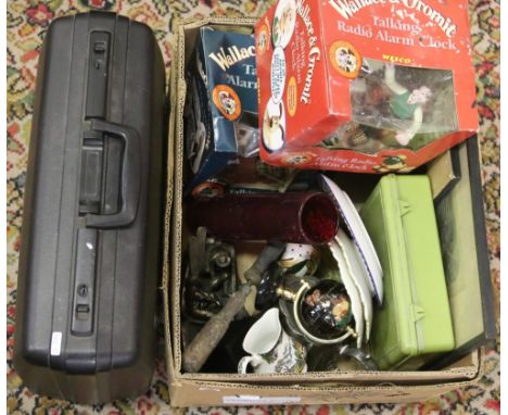 A box of miscellaneous to include Wallace & Gromit figures, Burgess power line engraving tool, semi precious stone globe, cab