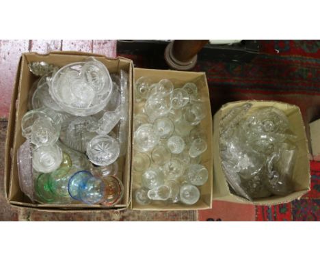 Three boxes of glassware to include drinking glasses, fruit bowls, candlestick, coloured Sunday glass etc.