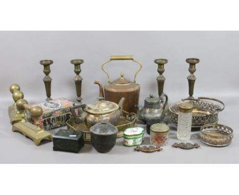 A collection of metalwares to include silver plate, candlesticks, copper kettle, enamel box etc.