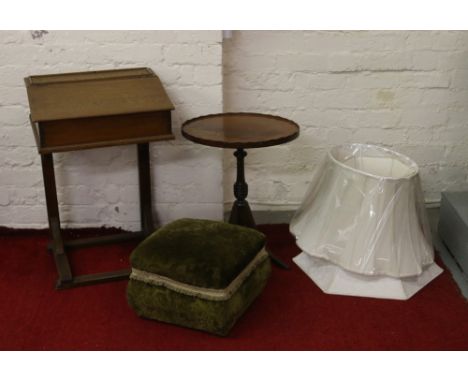 OAk childs desk, two lamp shade centre pedestal wine table, upholstered foot stool and contents of playing cards and games.