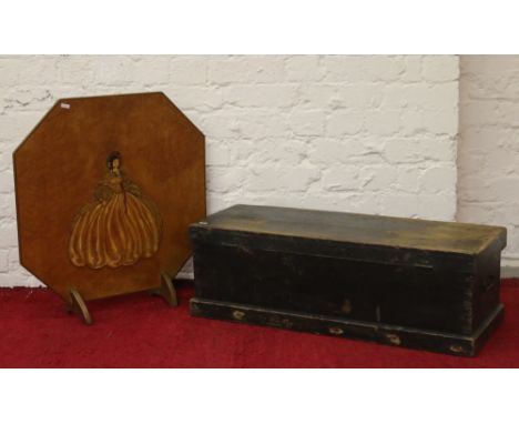 Stained pine tool chest along with an Art Deco firescreen set with a Crinoline lady.