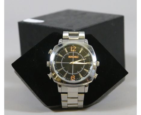 A gentlemens cased Sinobc wristwatch with black dial and baton markers and set with spy camera.