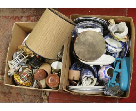 A box of blue and white ceramics along with a box of miscellaneous to include Midwinter coffee service, ornate tablelamp weig