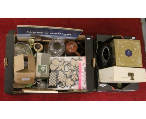 Two boxes of miscellaneous ceramics and glassware to include paperweights, Royal Worcester and art pottery, etc.