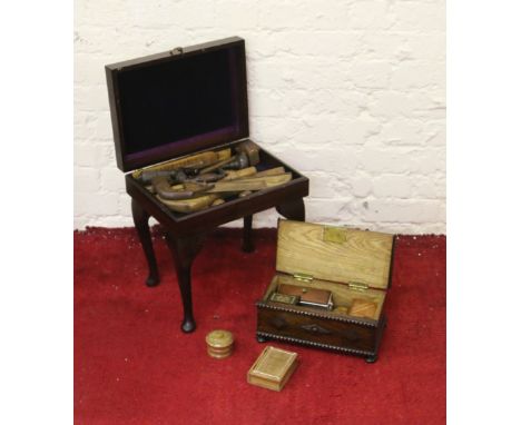 A stool and contents of assorted woodworking tools, treen items, etc.