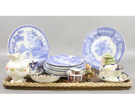 A tray of china and crockery to include Spode, Hummel figure, Royal Crown Derby, etc.